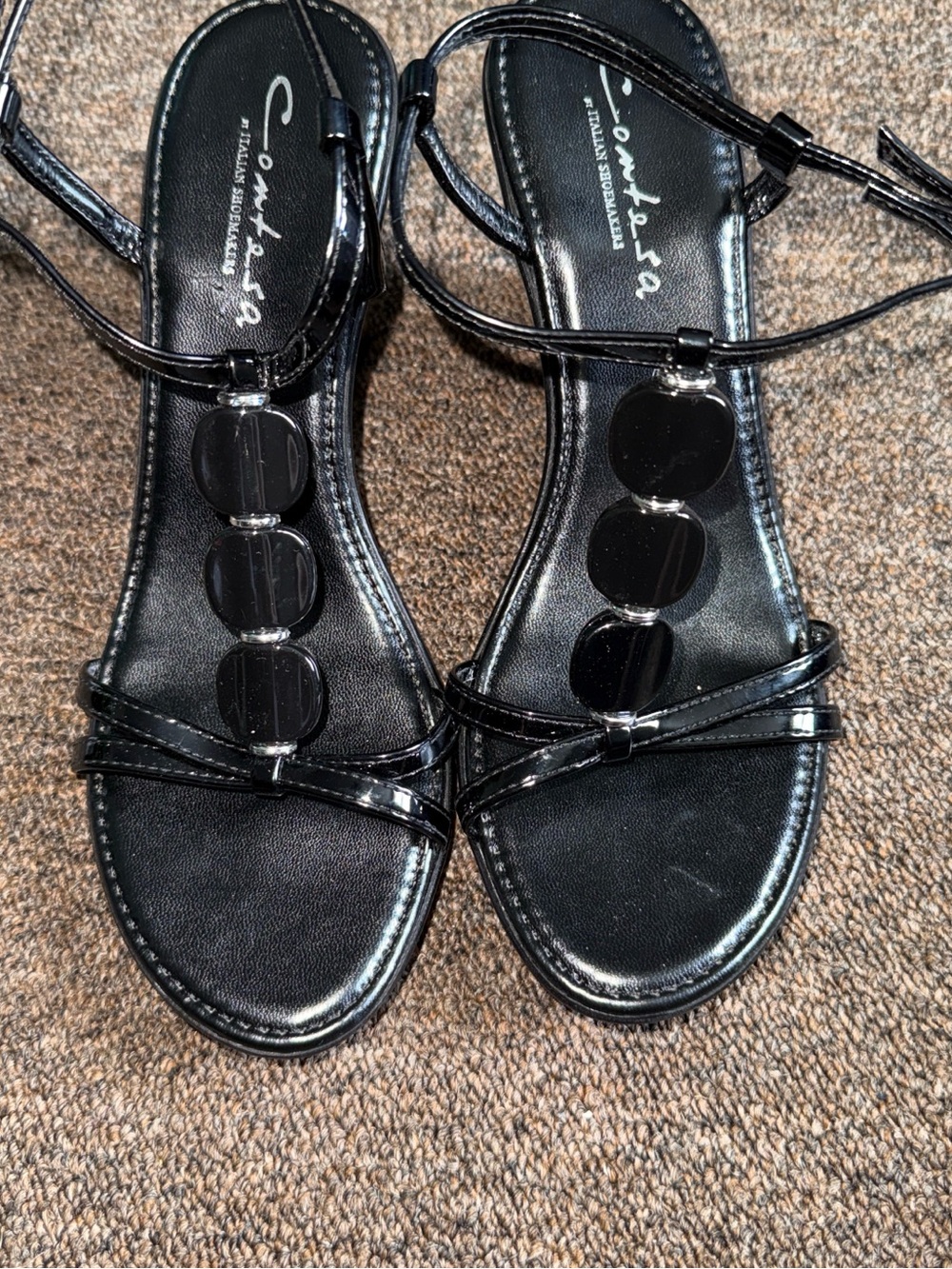Valentino Garavani Black Patent T-Strap Sandals with Gloss Discs